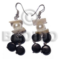 dangling 10mm black coco sidedrill  pearl beads,15mm hammershell sq. cut combination - Shell Earrings