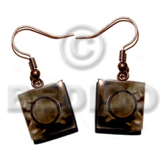 dangling 15mm laminated brownlip square  inlaid metal and 5mm black resin backing - Shell Earrings