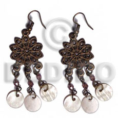 dangling 10mm round hammershells in antique oxidized metal - Shell Earrings