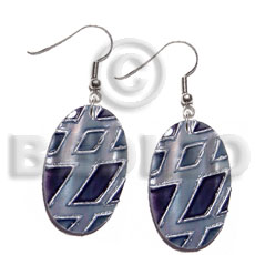 dangling 30mmx20mm oval kabibe shell, handpainted, embellished  embossed metallic silver line accent - Shell Earrings
