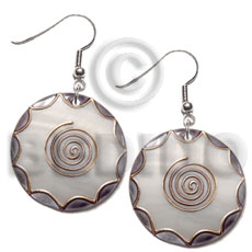 dangling 35mm round kabibe shell, handpainted, embellished  embossed metallic gold line accent - Shell Earrings