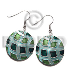 dangling 35mm round kabibe shell, handpainted, embellished  embossed metallic silver line accent - Shell Earrings