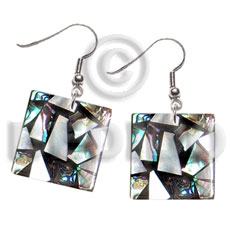 dangling flat 20mmx20mm square  black resin  laminated  paua/hammershell chips combination - Shell Earrings