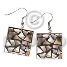 dangling flat 20mmx20mm square black resin  laminated  brownlip chips - Shell Earrings