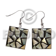 dangling flat 20mmx20mm square black resin  laminated  MOP chips - Shell Earrings