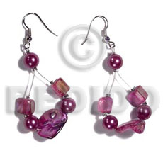dangling floating lavender kabibe shell nuggets in magic wire  pearl beads accent - Shell Earrings