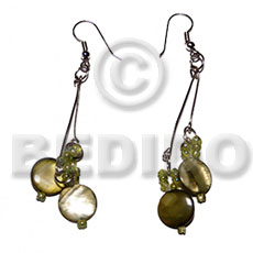 dangling laminated 10mm round olive green kabibe shells  glass beads - Shell Earrings