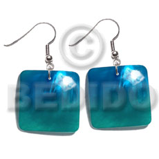dangling 25mm square hammershell pendant / two tone-subdued green-subdued blue combination - Shell Earrings