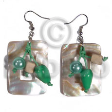 dangling 40mmx30mm rectangular kabibe shells  wood beads / green tones - Shell Earrings