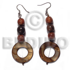 dangling 30mm round laminated golden amber kabibe shell rings  in high gloss  wood beads accent - Shell Earrings