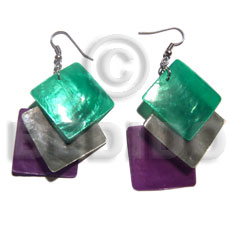 dangling triple square 25mm laminated capiz / in green/gray/violet combination - Shell Earrings