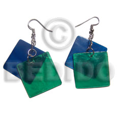 dangling 2 overlapping 25mm laminated capiz i / in royal blue and green combination - Shell Earrings