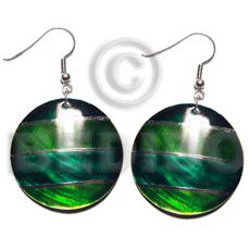 dangling handpainted and colored round 30mm kabibe shell pendant embellished  elevated /embossed metallic paint accent lines / green tones - Shell Earrings