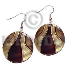 dangling handpainted and colored round 30mm kabibe shell pendant embellished  elevated /embossed metallic paint accent lines / brown and gold tones - Shell Earrings