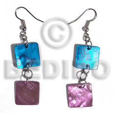 dangling double 15mm square hammershell in blue and violet combination - Shell Earrings