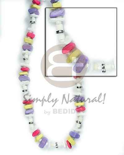 white rose, white clam heishe  red/yello lilac coco sq. cut combination - Shell Necklace