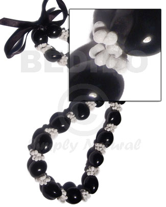 22 pcs. black kukui nuts   white mongo shell rings  / 30in in matching adjustable ribbon  the maximum length of 54in - Shell Necklace
