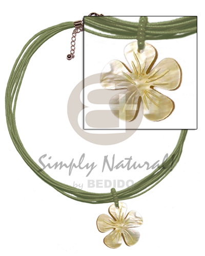 6 layer olive green wax cord  40mm MOP flower pendant - Shell Necklace