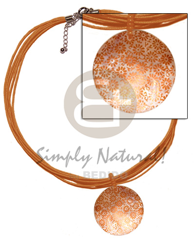 6 layer sunset orange wax cord  matching 40mm round handpainted hammershell pendant - Shell Necklace
