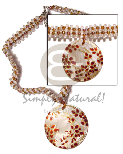 clear & brown glass beads flat choker  matching 40mm round handpainted hammershell pendant - Shell Necklace