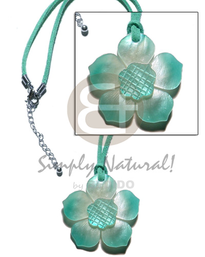 graduated aquamarine hammershell flower pendant in aquamarine wax cord - Shell Necklace