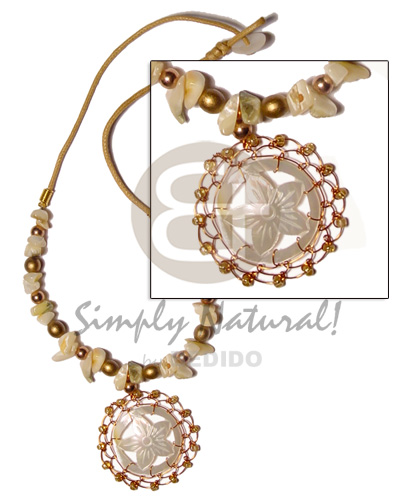 carved round floral MOP  brass wire & glass beads in wax cord  goldlip nuggets and gold wood beads - Shell Necklace
