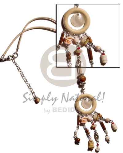 nat. wood ring  dangling round hammershell, asstd.shells,bamboo & wood beads looping tassle on wax cord - Shell Necklace
