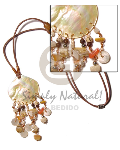 45mm MOP   dangling shell & seed beads looping tassles on adjustable wax cord - Shell Necklace