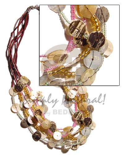 6 layer 10mm round hammershell  skin, bamboo & glass beads - Shell Necklace
