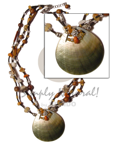 45mm blacklip pendant  3 rows eureka bamboo,corals,horn,wood & glass beads accent - Shell Necklace
