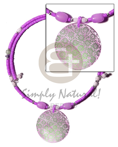 lilac 2-3mm coco heishe wire choker  buri & troca beads accent  40mm round hammershell handpainted pendant - Shell Necklace