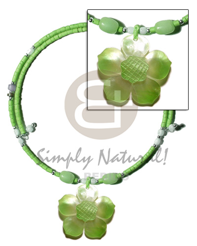 neon green 2-3mm coco heishe wire choker  buri & troca beads accent  45mm flower hammershell  groove nectar pendant - Shell Necklace
