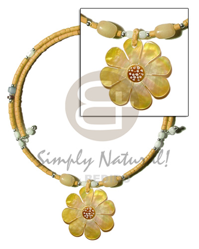 orange 2-3mm coco heishe wire choker  buri & troca beads accent  40mm flower MOP  skin nectar  pendant - Shell Necklace