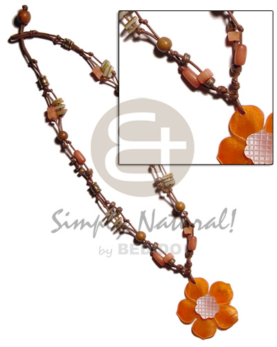 2 layer knotted brown cord  buri, shells, metal & wood beads accent and orange hammershell flower  groove pendant - Shell Necklace