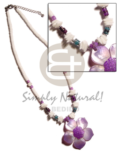 3-4mm white clam  white rose & hammershell heishe accent and graduated lilac 45mm hammershell flower  groove nectar pendant - Shell Necklace