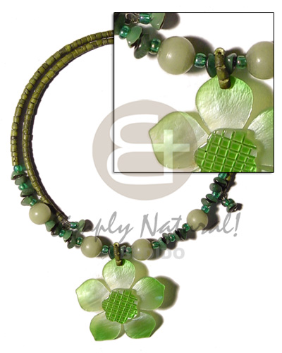 2-3mm olive green coco heishe wire choker  buri seeds accent and 45mm graduated green hammershell flower   grooved  nectar pendant - Shell Necklace