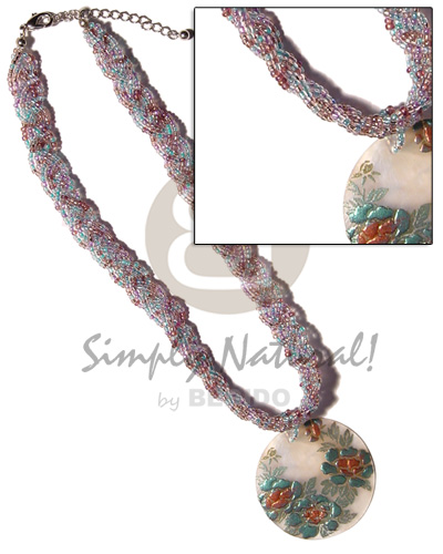intertwined flat glass beads choker  40mm round capiz handpainted pendant - Shell Necklace
