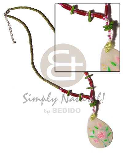 2-3mm olive green coco heishe  red bone capsule & coco chips accent and 45mm teardrop hammershell handpainted pendant - Shell Necklace