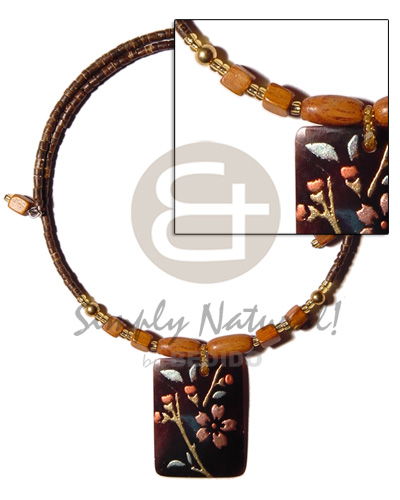 2-3mm coco heishe nat. brown choker wire  wood beads accent & 40mmx30mm handpainted black tab pendant - Shell Necklace