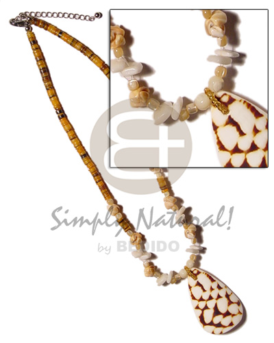 4-5mm orange hammershell heishe  shell accent and 45mm teardrop cowrie tiger pendant - Shell Necklace