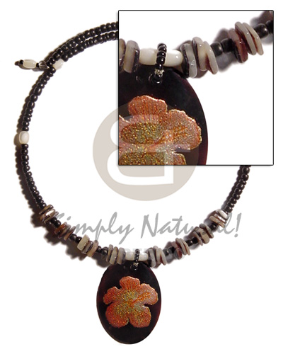 2-3mm black coco Pokalet. choker wire  shells & 45mm oval handpainted black tab pendant - Shell Necklace