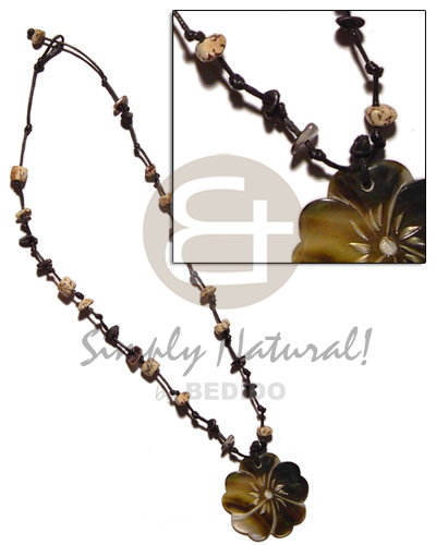 35mm blacklip flower in knotted wax cord  buri seed beads & shell accent - Shell Necklace