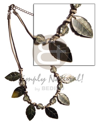 2 layer wax cord  25mm blacklip leaves & acrylic crystals accent - Shell Necklace
