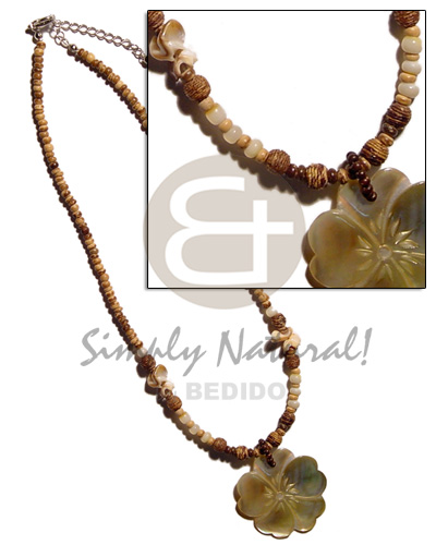 2-3mm coco Pokalet.tiger  chocolate orchids shell & MOP beads accent  35mm 5hearts flower blacklip - Shell Necklace
