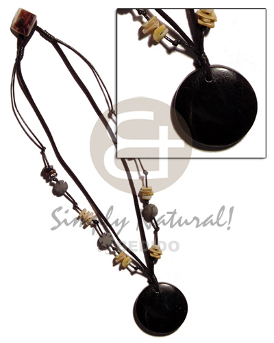 round 40mm blacktab shell cracking  resin backing in 2 rows leather & wax cord  buri & shell beads accent - Shell Necklace