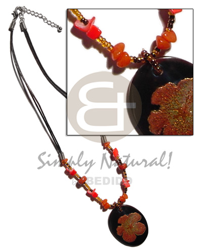 45mm handpainted oval blacktab in 2 rows wax cord   troca crazy cut & buri beads accent - Shell Necklace