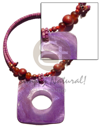 lavender 45mmx45mm rectangular hammershell in choker wire lavender 2-3mm coco heishe  horn and wood bead accent - Shell Necklace