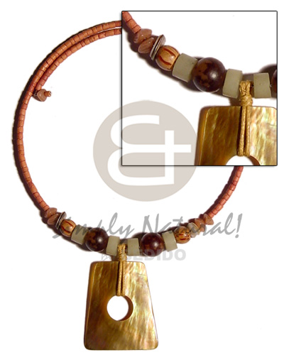 tan 2-3mm coco heishe wire choker  buri & wood beads accent & brownlip pendant - Shell Necklace