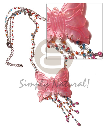 tassled 50mm pink butterfly hammershell pendant in metal chain & metal looping  glass beads accent - Shell Necklace