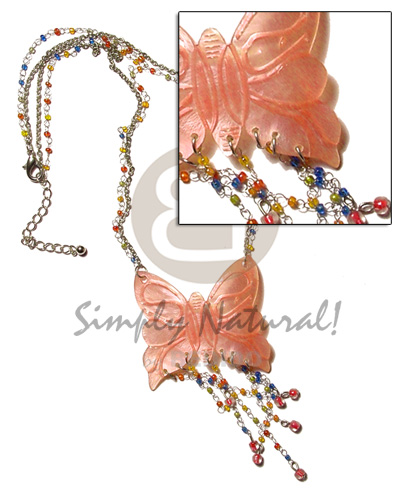 tassled orange 50mm butterfly hammershell pendant in metal chain & metal looping  glass beads accent - Shell Necklace